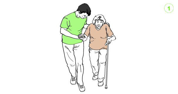 Ilustración de un hombre ayudando a una mujer mayor con un bastón a andar.