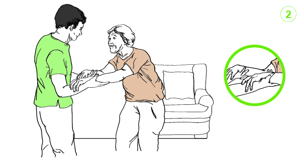 Ilustración de un hombre ayudando a una mujer mayor a desplazarse cogiéndola de los antebrazos