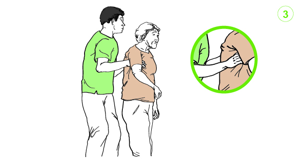 Ilustración de un hombre sosteniendo de las axilas a una mujer mayor  para ayudarle a caminar
