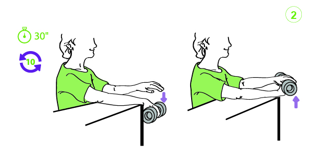 Ilustración donde se ve a una mujer haciendo ejercicios extensores con codo extendido con una mancuerna